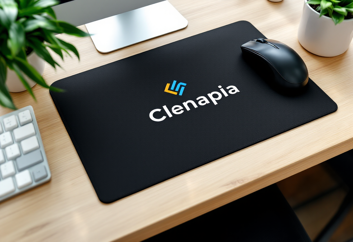 Tapis de souris noir avec logo sur bureau en bois clair, rendu réaliste